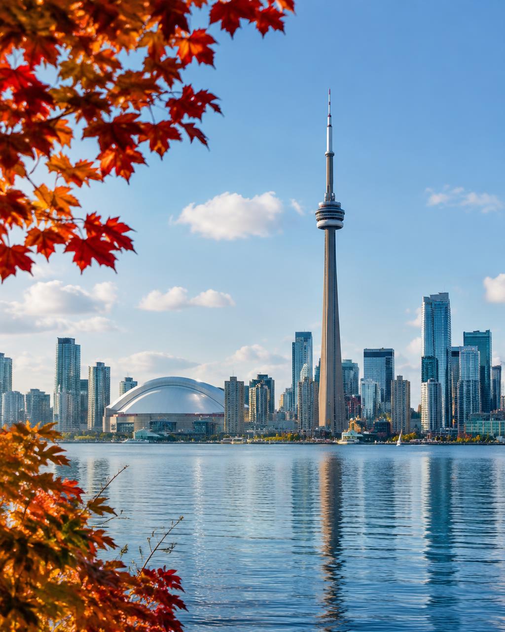 Toronto skyline and maple leaves, Canada study destination